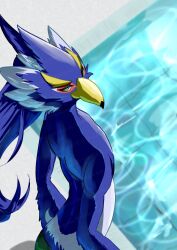  avian beak bird breath_of_the_wild chikichikitaron clothed clothing hi_res looking_at_viewer loose_hair male nintendo rear_view revali rito solo swimming_pool the_legend_of_zelda topless winged_arms wings 
