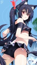  ! adjusting_clothes adjusting_swimsuit animal_ear_fluff animal_ears ass bare_shoulders bikini bikini_pull black_bikini black_hair blue_archive blush breasts cat_ears clothes_pull cowboy_shot day empty_eyes female from_behind from_below furrowed_brow glaring hair_between_eyes hair_ornament hair_ribbon halo highres long_hair looking_at_viewer looking_back midriff nejime official_alternate_costume outdoors parted_lips red_eyes ribbon serika_(blue_archive) serika_(swimsuit)_(blue_archive) shaded_face small_breasts solo surprised swimsuit thighs twintails very_long_hair wet 