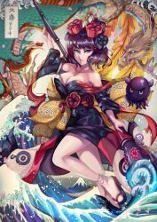  absurdres bare_shoulders blue_eyes breasts caiman_pool cleavage commentary dragon fate/grand_order fate_(series) female floral_print floral_print_kimono flower grin hair_bun hair_flower hair_ornament highres japanese_clothes katsushika_hokusai_(fate) katsushika_hokusai_(second_ascension)_(fate) kimono large_breasts octopus print_kimono purple_hair sandals short_hair single_hair_bun smile tokitarou_(fate) translation_request v-shaped_eyebrows water 