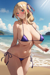  absurdres akihiro0920 alternate_breast_size beach bikini blonde_hair blue_bikini breasts commentary_request commission estelle_rosenthal female green_eyes hair_ribbon highres huge_breasts looking_at_viewer micro_bikini mole mole_under_eye navel ocean outdoors parted_lips pixiv_commission ribbon side-tie_bikini_bottom smile solo string_bikini swimsuit toaru_kagaku_no_accelerator toaru_majutsu_no_index 
