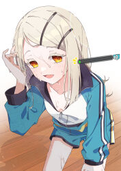  bangs_pinned_back bent_over blunt_sidelocks breasts collarbone colored_eyelashes commentary_request cowboy_shot downblouse female gakuen_idolmaster hair_ornament hair_over_shoulder hairclip hand_on_own_leg hand_up highres idolmaster indoors jacket light_blush long_hair long_sidelocks long_sleeves looking_at_viewer multicolored_jacket multicolored_shorts open_mouth orange_eyes parted_bangs shadow shinosawa_hiro short_shorts shorts sidelocks small_breasts smile solo standing status_bar straight_hair sweat track_jacket user_fhgy4743 very_sweaty watermark wooden_floor zipper zipper_pull_tab 