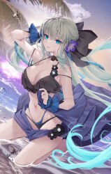  air_bubble akatsuki_hijiri bare_shoulders bikini black_bikini black_bow black_bridal_gauntlets blue_eyes bow braid breasts bridal_gauntlets bubble closed_mouth cloud fate/grand_order fate_(series) female floating_hair flower grey_hair hairbow highres kneeling large_breasts long_hair looking_to_the_side morgan_le_fay_(fate) multicolored_hair navel outdoors ponytail sidelocks sky solo stomach swimsuit very_long_hair 