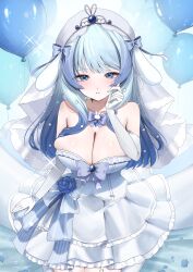  absurdres balloon bare_shoulders blue_bow blue_brooch blue_eyes blue_flower blue_hair blue_petals blush bow breasts character_request cleavage closed_mouth commission copyright_request dress elbow_gloves female flower garter_straps gloves grey_bow gvmmr hair_flower hair_ornament hat hat_bow highres large_breasts long_hair skeb_commission smile solo strapless strapless_dress virtual_youtuber white_dress white_garter_straps white_gloves white_hat 