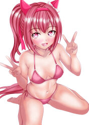  absurdres animal_ears barefoot bikini blush breasts commentary_request double_v female full_body hagesan3345 hair_between_eyes hair_ornament haru_urara_(umamusume) highres horse_ears horse_girl horse_tail long_hair looking_at_viewer medium_breasts navel open_mouth pink_eyes pink_hair sitting solo swimsuit tail umamusume v wariza white_background 