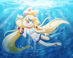  :d ahoge air_bubble animal_ear_fluff animal_ears artist_name barefoot bikini bikini_under_shorts blonde_hair blue_eyes blue_hair blue_nails bubble cat_ears caustics english_commentary fangs female fins fish fish_tail flat_chest freediving frilled_bikini_top full_body highres indie_virtual_youtuber kipaki lifebuoy_anklet lifebuoy_hair_ornament light_rays long_hair looking_at_viewer low_twintails midriff multicolored_hair nail_polish navel ocean one_side_up open_clothes open_fly open_mouth open_shorts sameko_saba school_of_fish scrunchie shorts side-tie_bikini_bottom smile solo streaked_hair submerged swimsuit tail toenail_polish toenails twintails underwater very_long_hair virtual_youtuber wrist_scrunchie 