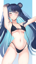  absurdres animal_ears bear_ears bear_girl bikini black_bikini blue_eyes blue_hair breasts closed_mouth colored_inner_hair demise_(official_makuu) female fujikura_uruka highres long_hair medium_breasts multicolored_hair navel phase_connect solo swimsuit thick_eyebrows undone_bikini virtual_youtuber 
