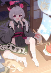  absurdres bandaged_arm bandaged_leg bandages bare_shoulders barefoot black_kimono blue_archive breasts cleavage_cutout clothing_cutout feline female food fruit gauze gauze_on_cheek grey_hair halo highres japanese_clothes kimono oerba_yun_fang on_floor orange_cat pelvic_curtain red_eyes red_halo red_sash sash shuro_(blue_archive) small_breasts soles solo ukai_(user_rvvf3458) watermelon watermelon_slice 