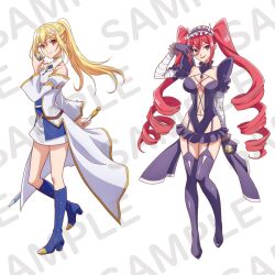  2girls anime_coloring arm_up bandaged_arm bandages blonde_hair boots breasts cleavage closed_mouth dratena_belbury dress drill_hair from_side full_body garter_straps gloves hair_between_eyes hairband hand_in_own_hair hazure_skill_&quot;kinomi_master&quot;:_skill_no_mi_(tabetara_shinu)_wo_mugen_ni_taberareru_you_ni_natta_ken_ni_tsuite holding holding_sword holding_weapon horns large_breasts lena_floria long_hair looking_at_viewer microskirt miyadani_risa multiple_girls open_mouth ponytail purple_dress purple_eyes red_hair sample_watermark simple_background skirt smile standing standing_on_one_leg sword tachi-e twin_drills twintails very_long_hair watermark weapon white_background 