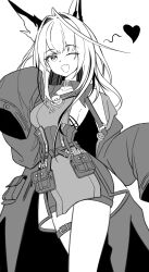  ;d absurdres ahoge ahoyim arknights belt belt_buckle breasts buckle coat female greyscale hair_intakes heart highres huge_ahoge looking_at_viewer medium_breasts medium_hair mon3tr_(arknights) monochrome oerba_yun_fang one_eye_closed open_mouth photoshop_(medium) pouch sideboob simple_background skin_fang sleeves_past_fingers sleeves_past_wrists smile solo thigh_belt thigh_strap white_background 