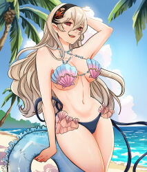  :d absurdres bare_shoulders beach bikini black_hairband blue_sky breasts cloud collarbone cowboy_shot day english_commentary female female_corrin_(cipher_shell_bikini)_(fire_emblem) female_corrin_(fire_emblem) fire_emblem fire_emblem_cipher fire_emblem_fates grey_hair hair_between_eyes hairband highres holding holding_swim_ring innertube long_hair looking_at_viewer medium_breasts navel ocean official_alternate_costume open_mouth outdoors red_eyes shell shell_bikini sierra117renner sky smile solo standing stomach swim_ring swimsuit thighs underboob very_long_hair water wide_hips 