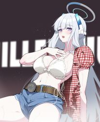  blue_archive blush breasts cleavage female halo highres large_breasts long_hair looking_at_viewer noa_(blue_archive) open_mouth reia_76 smile solo thighs white_hair 