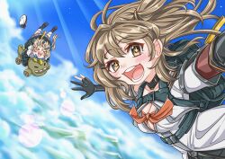  &gt;_&lt; +_+ 2girls :d absurdres backpack bag beret black_boots blue_sky boots breasts brown_eyes brown_hair cleavage closed_eyes cloud commentary day english_commentary floating_hair girls&#039;_frontline girls&#039;_frontline_2:_exilium grey_skirt guin_guin hat highres hugging_object k2_(girls&#039;_frontline) long_hair medium_breasts mountain multiple_girls outdoors plaid_clothes plaid_skirt pleated_skirt shirt shoe_soles skirt sky skydive smile unworn_hat unworn_headwear vepley_(girls&#039;_frontline_2) very_long_hair white_hat white_shirt xd yoohee_(girls&#039;_frontline_2) 