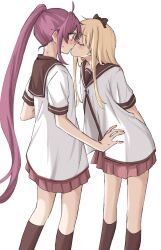  2girls black_bow black_sailor_collar black_socks blush bow closed_eyes commentary_request hairbow highres kissing kneehighs long_hair multiple_girls nanamori_school_uniform neck_blush pleated_skirt ponytail purple_eyes purple_hair purple_skirt sailor_collar school_uniform shirt simple_background skirt socks sugiura_ayano surprise_kiss surprised sweat syonosuke9573 toshinou_kyouko very_long_hair white_background white_shirt yuri yuruyuri 