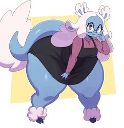  absurd_res amphibian anthro axolotl bent_over blue_body bovid breasts caprine clothing dress eyewear female female_only glasses hair hi_res huge_thighs hybrid ivy_(eerieviolet) mammal mole_salamander salamander_(amphibian) sheep smile solo solo_female sssonic2 thick_thighs thunder_thighs white_hair 