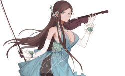  black_leggings blue_dress blue_eyes blue_flower blue_rose breasts brown_hair cleavage cowboy_shot dress elbow_gloves female flower frilled_wrist_cuffs frills gloves hair_flowing_over hair_ornament hair_over_shoulder holding holding_instrument holding_violin instrument leggings long_hair looking_at_viewer music original playing_instrument rose side_slit signature simple_background solo twisted_torso very_long_hair violin white_background wrist_cuffs yoimon 