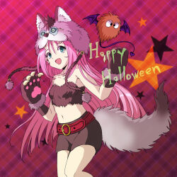  :d animal_hands animal_hood belt belt_buckle breasts brown_gloves brown_shorts buckle collarbone crop_top fake_tail female floating_hair fox_hood fox_tail gloves green_eyes guvava halloween halloween_costume hood long_hair macross macross_7 midriff mylene_jenius na_cat1111 navel paw_gloves pink_hair plaid_background red_background red_belt short_shorts shorts small_breasts smile solo standing stomach strapless tail very_long_hair 
