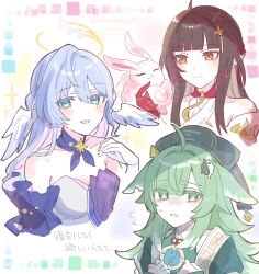  3girls :d absurdres ahoge bare_shoulders black_hat blue_hair blunt_bangs blush brown_eyes brown_hair closed_mouth collared_shirt cropped_torso dress feathered_wings flying_sweatdrops gloves green_eyes green_hair green_shirt grey_dress hand_up hat head_wings highres honkai:_star_rail honkai_(series) huohuo_(honkai:_star_rail) lingsha_(honkai:_star_rail) long_hair multicolored_hair multiple_girls pink_hair robin_(honkai:_star_rail) shirt smile sorimachi-doufu strapless strapless_dress translation_request twitter_username two-tone_hair upper_body white_background white_gloves white_wings wings 
