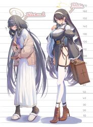  2girls ? absurdres ankle_boots black_dress black_hair blue_archive blush book boots breasts brown_boots brown_cardigan brown_halo cardigan coif commentary_request dress eyewear_strap garter_straps glasses hair_between_eyes hairband halo height height_chart high_heel_boots high_heels highres hinata_(blue_archive) holding holding_book holding_suitcase large_breasts long_hair long_skirt long_sleeves looking_back multiple_girls neckerchief nun off_shoulder open_cardigan open_clothes pelvic_curtain pleated_skirt puffy_long_sleeves puffy_sleeves purple_eyes purple_hairband purple_neckerchief red_eyes round_eyewear sailor_collar school_uniform serafuku shirt sideways_glance skirt slippers slouching standing suitcase syafa thighhighs ui_(blue_archive) very_long_hair white_sailor_collar white_serafuku white_shirt white_skirt white_thighhighs winged_halo yellow-framed_eyewear yellow_halo 