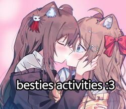  2girls ahoge animal_ears blue_eyes blush brown_hair censored censored_kiss closed_eyes commission evil_neuro-sama hair_ornament hair_ribbon heart heart_hair_ornament highres incest kissing long_hair looking_at_another multiple_girls neuro-sama pinkpink939 red_ribbon ribbon second-party_source siblings sisters skull_hair_ornament twincest twins vedal_ai virtual_youtuber yuri 