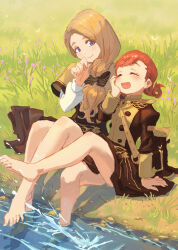  2girls annette_fantine_dominic barefoot blonde_hair blue_eyes blush boots bow brown_boots brown_shirt closed_eyes closed_mouth commentary english_commentary eyelashes fingernails fire_emblem fire_emblem:_three_houses full_body garreg_mach_monastery_uniform grass green_little hairbow hand_on_own_face long_hair long_sleeves mercedes_von_martritz multiple_girls open_mouth orange_hair outdoors ponytail shirt short_hair sitting smile soaking_feet thick_eyebrows unworn_boots water water_drop 