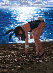  absurdres animal_ear_hairband animal_ears beach black_hair black_leotard black_shoes cloud cloudy_sky fake_animal_ears fake_tail female fishnet_pantyhose fishnets full_body hairband high_heels highres leotard minahamu ocean original outdoors pantyhose playboy_bunny rabbit_ear_hairband rabbit_ears rabbit_tail shoes sky solo tail wrist_cuffs 