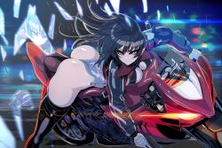  absurdres ass black_boots blue_eyes blue_hair boots breasts commentary_request cws1122uu female floating_hair glass_shards gloves highres korean_commentary large_breasts leotard light_trail long_hair long_sleeves motion_blur motor_vehicle motorcycle original riding shrug_(clothing) solo thigh_boots thong_leotard v-shaped_eyebrows very_long_hair white_gloves white_leotard 