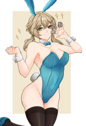  absurdres alternate_breast_size alternate_costume animal_ears aqua_bow aqua_bowtie aqua_leotard bare_arms bare_shoulders black_thighhighs bow bowtie breasts brown_hair collarbone covered_navel cowboy_shot detached_collar fake_animal_ears fake_tail female green_eyes hair_between_eyes hair_ornament hairclip highleg highleg_leotard highres holding holding_mahjong_tile honkai:_star_rail honkai_(series) large_breasts leotard long_hair mahjong_tile playboy_bunny qingque_(honkai:_star_rail) rabbit_ears rabbit_tail sierra117renner smile solo star_(symbol) strapless strapless_leotard tail thighhighs twintails wrist_cuffs 