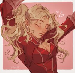  arms_up artist_name blonde_hair bodysuit border breasts cleavage closed_eyes commentary earrings english_commentary eyelashes female heart jewelry long_hair lotus_pear outside_border pearl_earrings persona persona_5 persona_5_the_royal pink_background red_bodysuit solo takamaki_anne twintails white_border 