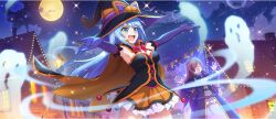  0_0 2girls ahoge aqua_(konosuba) armpits black_cape black_dress black_hat blue_eyes blue_hair bow bowtie breasts brown_hair cape chimney cleavage cloud cowboy_shot dress elbow_gloves full_moon game_cg gem ghost gloves glowing hair_over_one_eye halloween halloween_costume hands_up hat highres house kono_subarashii_sekai_ni_shukufuku_wo! konosuba!_fantastic_days lamppost lens_flare long_hair long_sleeves medium_breasts moon multiple_girls night night_sky official_art open_mouth orange_cape orange_skirt outdoors outstretched_arms pumpkin_hat_ornament purple_brooch purple_dress purple_gemstone purple_gloves red_bow red_bowtie skirt sky sparkle spread_arms star_(sky) starry_sky string_of_flags third-party_source town two-sided_cape two-sided_fabric wide_brim witch_hat wiz_(konosuba) 