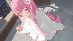  blue_eyes blush breasts cleavage collarbone collared_shirt commission cup drink drinking_glass female hair_ornament highres holding holding_cup kkix25 long_hair melonyx naked_shirt on_bed pillow pink_hair second-party_source shirt skeb_commission sleeves_past_wrists smile solo sweat virtual_youtuber white_shirt window yuzuki_ririna 