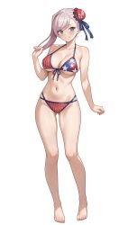  absurdres bikini blue_bikini blue_eyes blush breasts bun_cover collarbone fate/grand_order fate_(series) female full_body grin highres large_breasts looking_at_viewer medium_hair miyamoto_musashi_(fate) miyamoto_musashi_(swimsuit_berserker)_(fate) miyamoto_musashi_(swimsuit_berserker)_(second_ascension)_(fate) navel pink_hair red_bikini simple_background smile solo stomach swimsuit thighs vodka13 white_background 