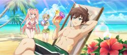  1boy 2girls ahoge arm_behind_head ball beach beachball bent_over bikini bikini_shorts blonde_hair blue_sky breasts brown_hair calling chair cherry cielo_(konosuba) cleavage closed_mouth cloud collarbone crossed_legs cup day deck_chair drinking_glass drinking_straw erika_(konosuba) eyewear_on_head flower flower_in_drink folding_chair food frilled_bikini frilled_shorts frills fruit game_cg green_bikini green_eyes green_male_swimwear green_swim_trunks hair_flower hair_ornament hand_on_own_hip hand_up heart heart-shaped_eyewear hibiscus highres holding holding_ball holding_beachball holding_cup horizon ice ice_cube kono_subarashii_sekai_ni_shukufuku_wo! konosuba!_fantastic_days lemon lemon_slice lens_flare long_hair male_swimwear medium_breasts multiple_girls navel ocean official_art open_mouth outdoors palm_tree parted_lips pectorals pink_bikini pink_hair purple_flower red_eyes red_flower satou_kazuma short_eyebrows short_hair shorts sky smile smug sparkle starfish sunflower sunglasses sunlight swim_trunks swimsuit third-party_source topless_male tree twintails very_long_hair 