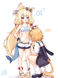  2girls absurdres ahoge animal_ear_fluff animal_ears bikini bikini_under_shorts black_dress blonde_hair blue_bikini blue_eyes blue_hair blush breasts cat_ears cat_tail dooby_(vtuber) dress english_commentary fins fish_girl fish_tail highleg highleg_bikini highres indie_virtual_youtuber lifebuoy_hair_ornament long_hair loose_socks low_twintails ma_draws mouse_tail multicolored_hair multiple_girls navel open_mouth pinafore_dress platform_sandals poking_belly sameko_saba sandals shirt short_hair short_shorts short_sleeves shorts simple_background sleeveless sleeveless_dress small_breasts socks squatting streaked_hair striped_bikini striped_clothes swimsuit tail toes twintails two-tone_hair very_long_hair white_background white_shirt white_shorts white_socks 