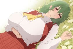  arm_under_breasts ascot breasts collared_shirt dutch_angle english_commentary female frilled_ascot frills grass green_hair highres huge_breasts kazami_yuuka light_blush long_sleeves looking_at_viewer lying medium_hair moriforest1040 on_back on_grass parted_lips plaid_clothes plaid_skirt plaid_vest red_eyes red_skirt red_vest shirt skirt solo touhou vest white_shirt yellow_ascot 