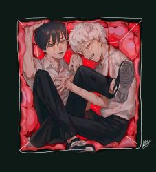  2boys belt black_belt black_hair black_pants blood box collared_shirt commentary_request full_body hair_between_eyes highres hikaru_ga_shinda_natsu in_box in_container indou_hikaru looking_at_viewer male_focus mokumokuren_(mokmok_len) mole mole_on_cheek mole_under_eye mole_under_mouth multiple_boys multiple_moles pants red_pupils school_uniform shirt shoe_soles shoes short_hair short_sleeves signature smile sweat trapped tsujinaka_yoshiki wet white_hair white_shirt 