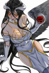  absurdres albedo_(overlord) alcohol bare_shoulders black_hair black_wings blixadon blush breasts breath cleavage clothing_cutout cup demon_girl demon_horns dress drinking_glass feathered_wings female from_above gloves glowing glowing_eyes hair_between_eyes heavy_breathing highres horns large_breasts long_hair long_hair_between_eyes looking_at_viewer low_wings lower_teeth_only open_mouth overlord_(maruyama) red_wine simple_background sitting slit_pupils solo teeth thigh_cutout very_long_hair white_background white_dress white_gloves wine wine_glass wings yellow_eyes 