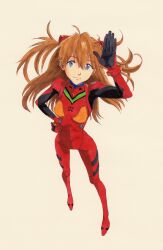  arm_up blue_eyes bodysuit female full_body hand_on_own_hip highres interface_headset_(evangelion) long_hair looking_at_viewer mecha_pilot_suit neon_genesis_evangelion payama red_bodysuit simple_background solo souryuu_asuka_langley standing 