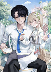  1boy absurdres black_hair black_pants black_pantyhose blue_archive blue_necktie blue_sky breasts brown_hair chair cloud cloudy_sky cup dress female flower grin gun hair_flower hair_ornament handgun highres long_hair looking_at_viewer medium_breasts mug nagisa_(blue_archive) necktie one_eye_closed pants pantyhose school_swimsuit sensei_(blue_archive) shirt short_hair sitting sitting_on_person sky smile soonaepa swimsuit tree v weapon white_dress white_shirt 