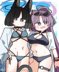  2girls :d absurdres animal_ear_fluff animal_ears bikini bikini_under_clothes black_bikini black_hair blue_archive blue_sky blush breasts cat_ears cleavage cloud commentary_request dash_b eyewear_on_head grey_bikini grey_eyes grey_jacket groin halo highres jacket kikyou_(blue_archive) kikyou_(swimsuit)_(blue_archive) large_breasts layered_bikini multiple_girls navel oerba_yun_fang open_clothes open_jacket parted_bangs pink-framed_eyewear purple_hair short_eyebrows side-tie_bikini_bottom sky small_breasts smile sunglasses swimsuit thick_eyebrows yukari_(blue_archive) yukari_(swimsuit)_(blue_archive) 