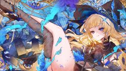  alternate_costume black_gloves black_hat black_thighhighs blonde_hair breasts closed_mouth commentary crossed_legs female gloves hat highres holding holding_staff legs_up long_hair looking_at_viewer lt26 medium_breasts phoebe_(wuthering_waves) single_thighhigh smile solo staff symbol-only_commentary thighhighs thighs witch_hat wuthering_waves 