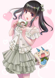 :d absurdres akihiro0920 arms_up bow brown_eyes earrings female hairbow heart highres holding jewelry komasan open_mouth real_life shirt skirt smile standing stud_earrings tamura_yukari twintails voice_actor white_shirt youkai_watch 