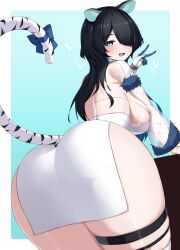  absurdres animal_ears ass black_hair blue_bow blue_eyes blue_hair bow breasts clothing_cutout colored_inner_animal_ears commission dress erina_makina female fur-trimmed_sleeves fur_trim hair_over_one_eye heart highres large_breasts long_hair looking_at_viewer mechanical_arms median_furrow multicolored_hair nai_(cnoadi8) open_mouth phase_connect second-party_source see-through_clothes see-through_sleeves sideboob single_mechanical_arm single_thighhigh skeb_commission smile solo streaked_hair tail tail_bow tail_ornament thigh_strap thighhighs tiger_ears tiger_girl tiger_tail v virtual_youtuber white_dress white_thighhighs 