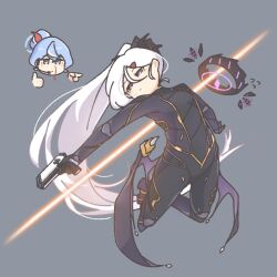  2girls aiming ako_(blue_archive) arched_back blood blue_archive blue_eyes blue_hair blush_stickers bodysuit demon_wings dodging dot_nose double-parted_bangs dynamic_pose energy_beam enobun3gyo flapping gun hair_between_eyes hair_bun hair_ornament hair_ribbon hairclip handgun headset hina_(blue_archive) horns long_hair multicolored_hair multiple_girls nosebleed parted_bangs pointing ponytail purple_eyes ribbon short_hair simple_background squinting sweatdrop thumbs_up two-tone_hair very_long_hair weapon white_hair wings 