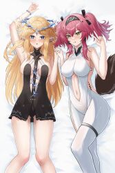  2girls :p alternate_eye_color arm_up armpits ayloss bare_shoulders black_bow black_collar black_dress blue_eyes blush bodysuit bow breasts cartethyia_(wuthering_waves) collar commentary crown_of_thorns dress earrings fingernails from_above green_eyes hair_between_eyes hairband hairbow hashtag-only_commentary highres holding_hands jewelry long_hair looking_at_viewer lupa_(wuthering_waves) lying medium_breasts metal_hairband multiple_girls multiple_hair_bows navel necklace on_back parted_bangs pink_hair pointy_ears red_pupils sidelocks tacet_mark_(wuthering_waves) tail thighs tongue tongue_out twintails v white_bodysuit wolf_tail wuthering_waves 