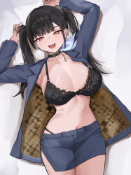  :d absurdres arms_up black_bra black_choker black_hair black_jacket black_panties black_skirt blunt_bangs blush bra breasts brown_eyes choker collarbone commentary cowboy_shot earbuds earphones earrings english_commentary female fiftya floral_print goddess_of_victory:_nikke gradient_background grey_background half-closed_eyes highres jacket jewelry large_breasts long_hair long_sleeves looking_at_viewer lying miniskirt mole mole_under_eye navel oerba_yun_fang on_back open_clothes open_jacket open_mouth paid_reward_available panties panty_straps pencil_skirt pendant_choker print_bra side_slit single_earphone single_earring skirt smile snake_earrings solo sora_(nikke) stomach string_panties twintails two-tone_background underwear white_background 