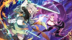  2girls aqua_hair aqua_skirt aqua_thighhighs black_hairband breasts cleavage cropped_jacket crossover fate/stay_night fate/unlimited_blade_works fate_(series) firefly_(honkai:_star_rail) floating_hair gradient_hair grey_hair guest_art hair_ornament hairband holding holding_sword holding_weapon honkai:_star_rail honkai_(series) large_breasts long_hair long_sleeves looking_at_another medusa_(fate) medusa_(rider)_(fate) mishima_kurone multicolored_hair multiple_girls open_mouth purple_hair red_eyes shirt skirt sword thighhighs very_long_hair weapon white_shirt 