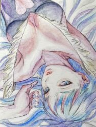  black_leotard blue_hair breasts cleavage clothing_cutout collarbone darkstalkers female heart_cutout highres leotard long_hair looking_at_viewer lying morrigan_aensland on_back painting_(medium) parted_lips solo sukerock360 traditional_media watercolor_(medium) 
