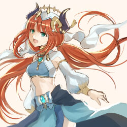  :d ankoro aqua_gemstone blue_skirt cow_horns crop_top detached_sleeves female gem genshin_impact green_eyes highres horns long_hair low_twintails midriff nilou_(genshin_impact) pink_background red_hair skirt smile solo standing stomach twintails veil very_long_hair white_sleeves 