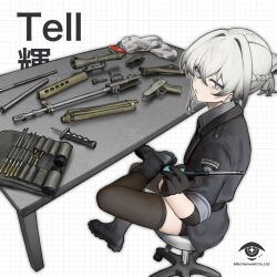  ammunition_pouch assault_rifle belt belt_buckle black_belt black_boots black_gloves black_jacket black_shorts black_thighhighs blue_eyes boots braid buckle bulletproof_vest commentary_request crossed_bangs dani_periapsis earpiece expressionless female folded_ponytail full_body garter_straps gauze gauze_on_cheek gloves glowstick gradient_hair grey_hair gun hair_between_eyes hair_intakes hair_over_one_eye half_up_braid hand_on_own_ear highres hip_vent holding holding_gun holding_weapon holster id_card insignia jacket knee_boots lace-up_boots legs_apart light_blush load_bearing_vest magazine_(weapon) mole mole_on_thigh mole_under_eye multicolored_eyes multicolored_hair multiple_moles necktie parted_lips police police_uniform policewoman ponytail pouch purple_eyes rifle scope seallllion shin_strap short_ponytail short_shorts shorts side_slit sig_sauer sig_sg550 simple_background single_garter_strap skindentation solo standing star-shaped_pupils star_(symbol) suit_jacket symbol-shaped_pupils tachi-e tactical_clothes tell_(vrchat) thigh_belt thigh_holster thigh_pouch thigh_strap thighhighs three-quarter_sleeves trigger_discipline turtleneck two-tone_eyes vrchat walkie-talkie watch weapon white_background white_hair white_necktie wing_collar wristwatch 