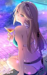  back bare_shoulders bikini blonde_hair blue_eyes braid breasts closed_mouth cocktail_glass crown_braid cup dated drinking_glass eiyuu_densetsu elaine_auclair female from_behind green_eyes hair_between_eyes hair_ornament highres holding holding_cup jewelry kai_no_kiseki kuro_no_kiseki_(series) large_breasts long_hair looking_at_viewer looking_back parted_bangs pool poolside signature single_braid smile solo swimsuit tinybiard twitter_username very_long_hair 